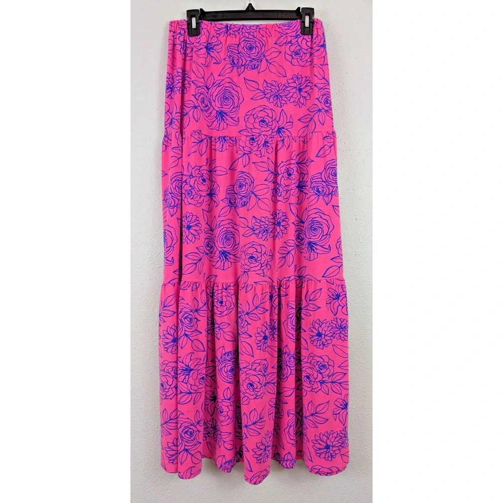 LuLaRoe Pink Maxi Skirt with Blue Floral Print